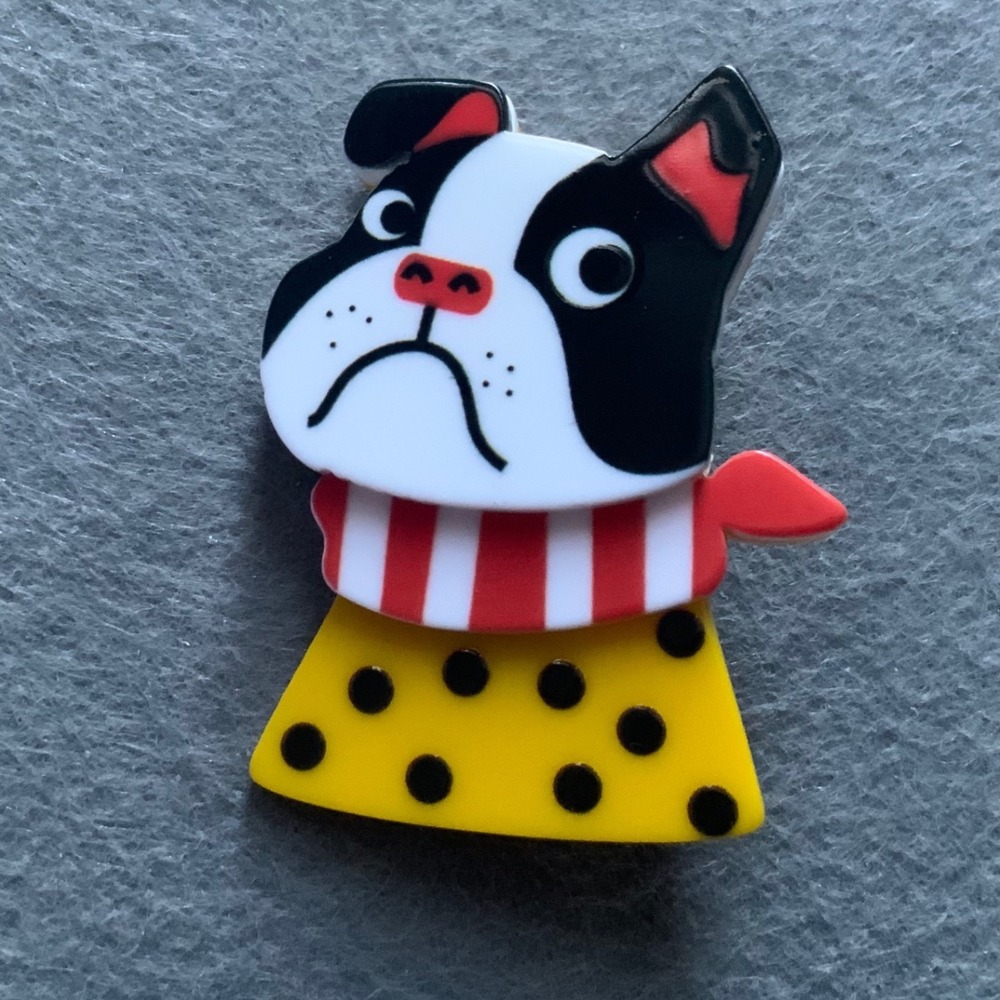 Cute French Bulldog Acrylic Brooch Boston Terrier Dog Pin Scarf Polka Dot Kawaii